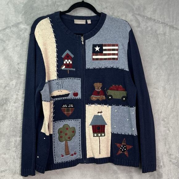 Croft And Barrow Full Zip Teacher Cardigan Sweater Patchwork Patriotic Sz XL - Picture 1 of 15